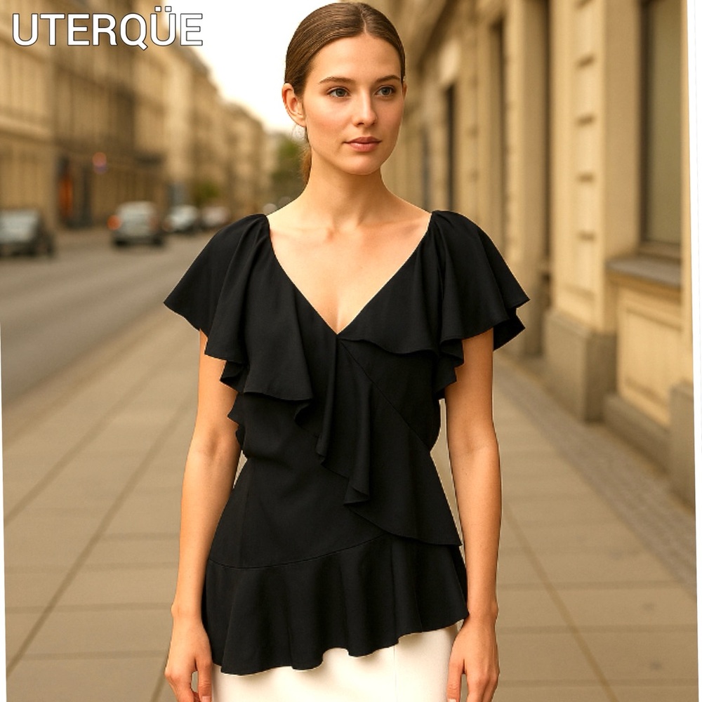 UTERQÜE Silky Ruffled Double V-neck Asymmetrical Blouse Top In Black Sz S